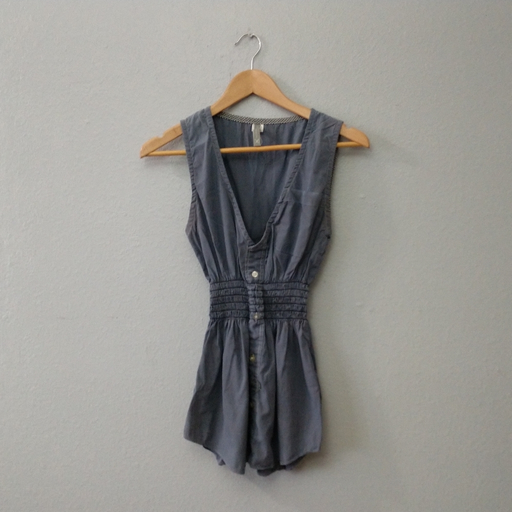 Urban Outfitters Urban Renewal Blue Smocked Blouse Top Button